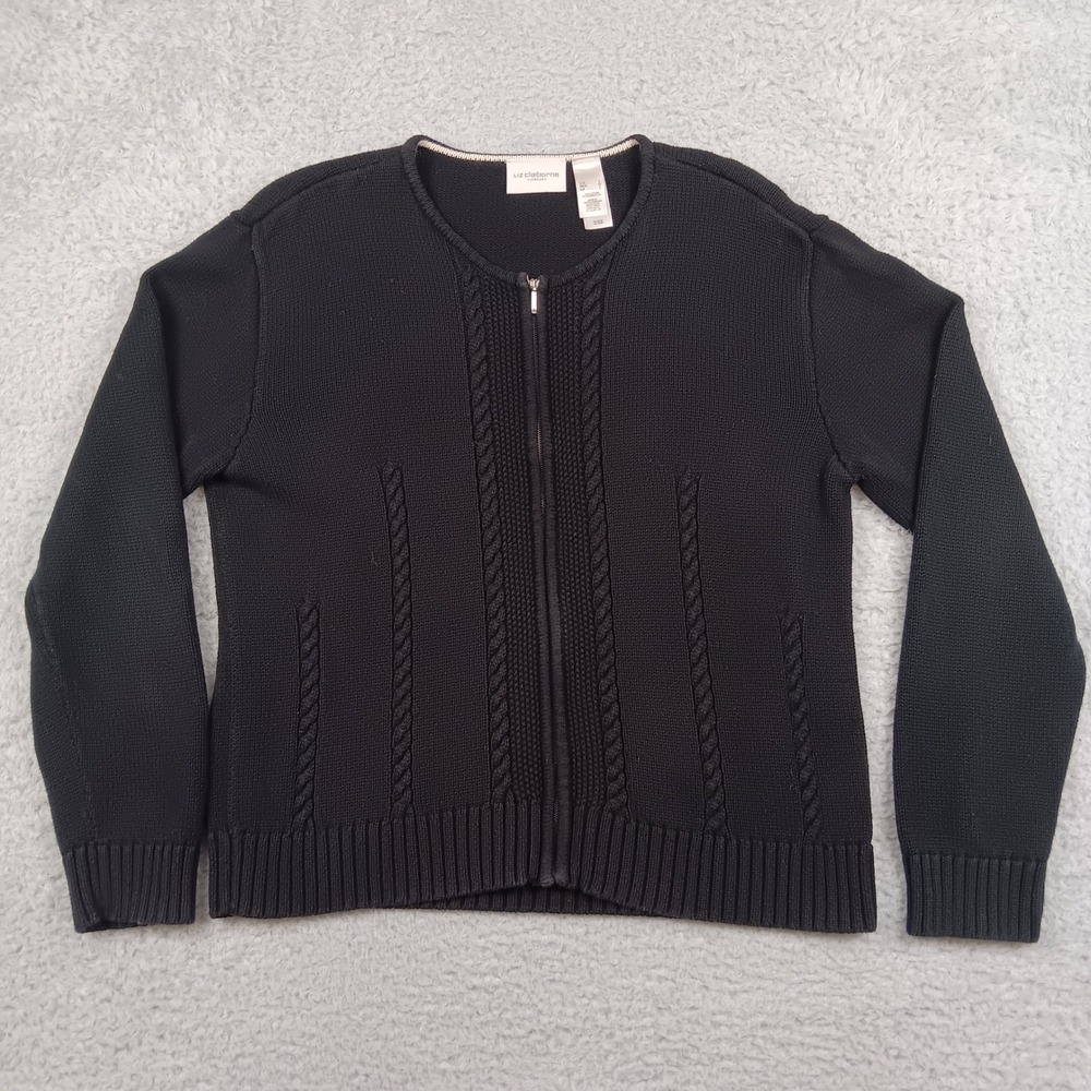 Liz Claiborne Cardigan Lizsport Women L Navy Blue Cable Knit Full Zip